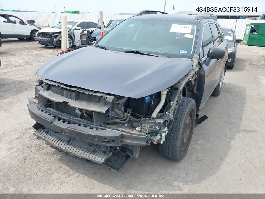 2015 Subaru Outback 2.5I VIN: 4S4BSBAC6F3315914 Lot: 40062348