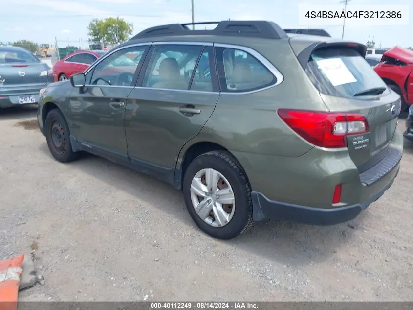 2015 Subaru Outback 2.5I VIN: 4S4BSAAC4F3212386 Lot: 40112249