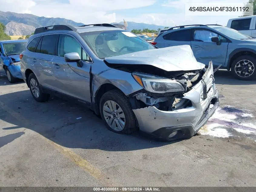 2015 Subaru Outback 2.5I Premium VIN: 4S4BSAHC4F3361192 Lot: 40300051