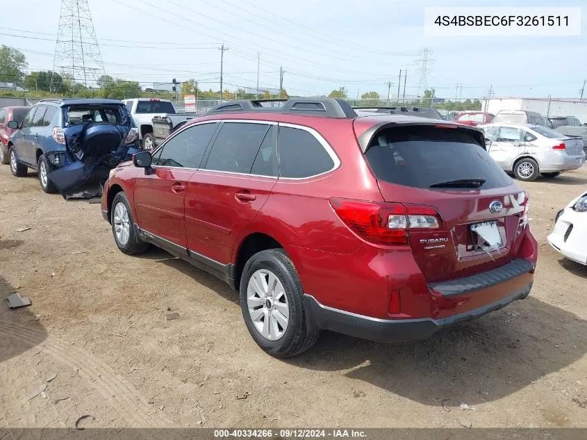 2015 Subaru Outback 2.5I Premium VIN: 4S4BSBEC6F3261511 Lot: 40334266