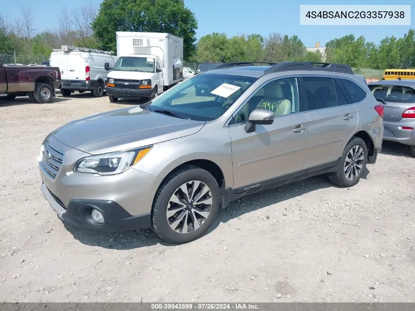 2016 Subaru Outback 2.5I Limited VIN: 4S4BSANC2G3357938 Lot: 39943599