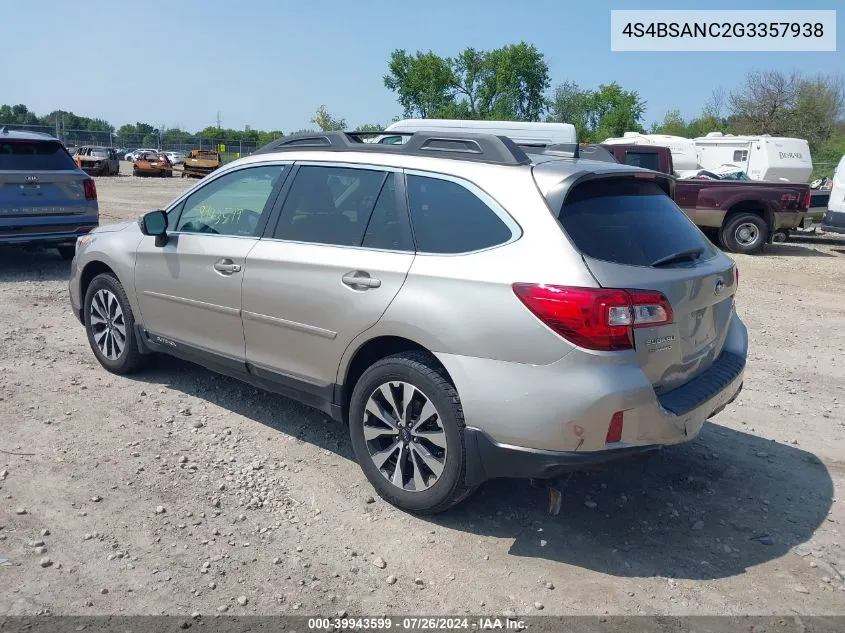 2016 Subaru Outback 2.5I Limited VIN: 4S4BSANC2G3357938 Lot: 39943599