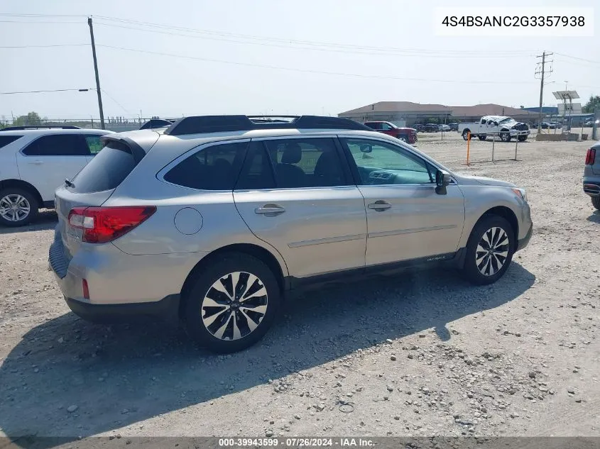 2016 Subaru Outback 2.5I Limited VIN: 4S4BSANC2G3357938 Lot: 39943599