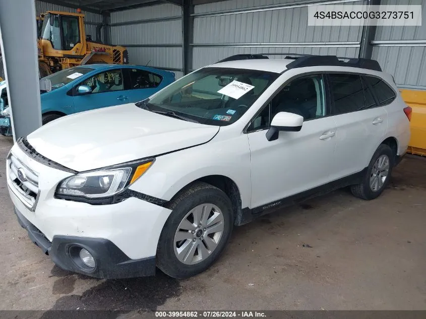 4S4BSACC0G3273751 2016 Subaru Outback 2.5I Premium