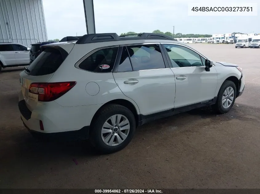 2016 Subaru Outback 2.5I Premium VIN: 4S4BSACC0G3273751 Lot: 39954862