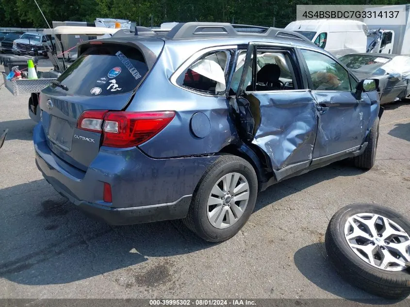 2016 Subaru Outback 2.5I Premium VIN: 4S4BSBDC7G3314137 Lot: 39995302