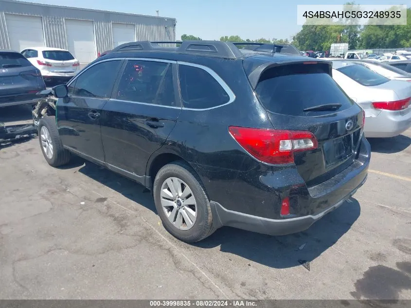 2016 Subaru Outback 2.5I Premium VIN: 4S4BSAHC5G3248935 Lot: 39998835