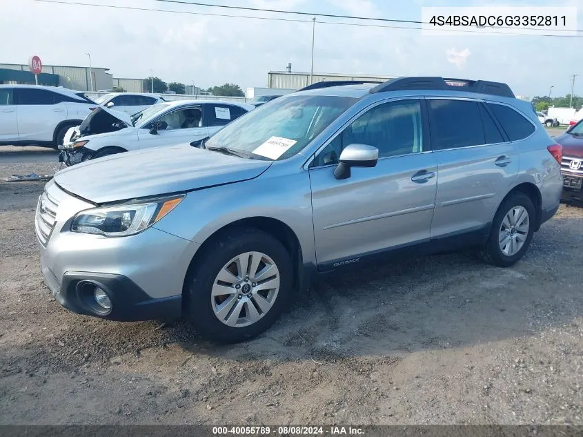 2016 Subaru Outback 2.5I Premium VIN: 4S4BSADC6G3352811 Lot: 40055789