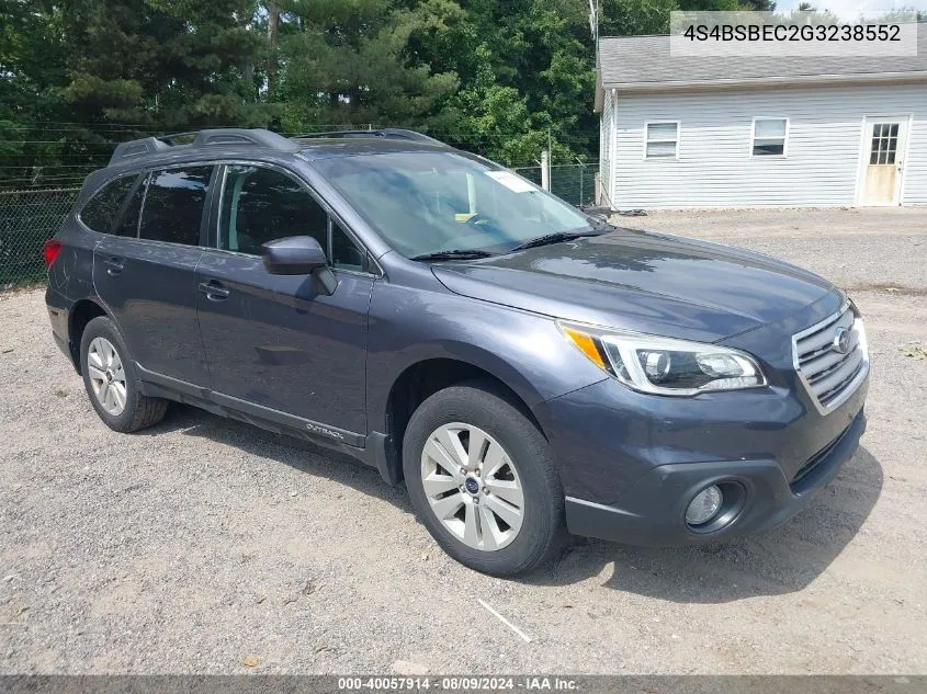 2016 Subaru Outback 2.5I Premium VIN: 4S4BSBEC2G3238552 Lot: 40057914