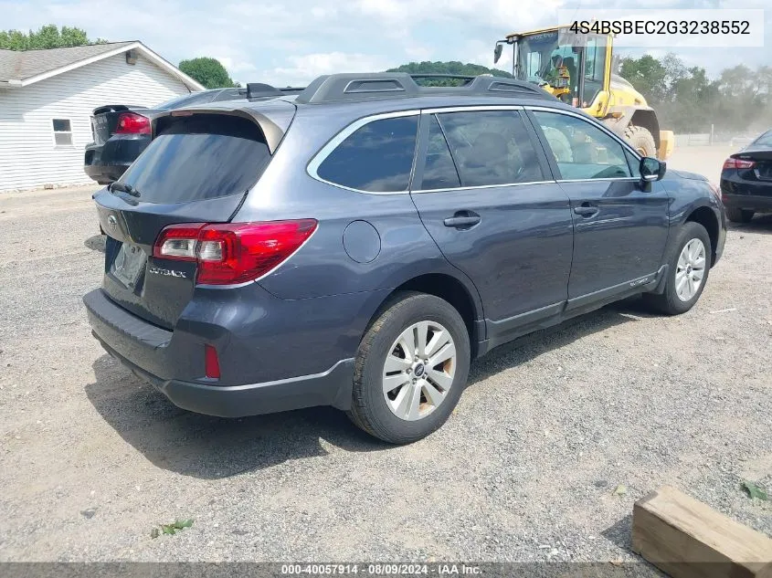 2016 Subaru Outback 2.5I Premium VIN: 4S4BSBEC2G3238552 Lot: 40057914