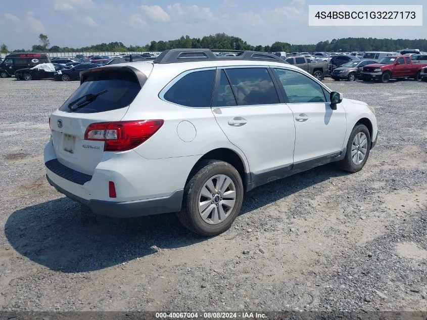 2016 Subaru Outback 2.5I Premium VIN: 4S4BSBCC1G3227173 Lot: 40067004