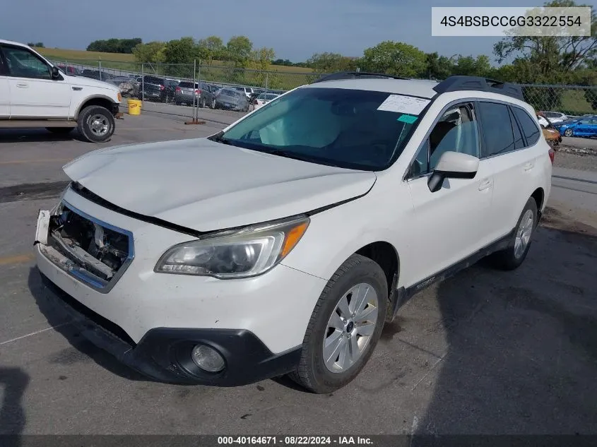 2016 Subaru Outback 2.5I Premium VIN: 4S4BSBCC6G3322554 Lot: 40164671