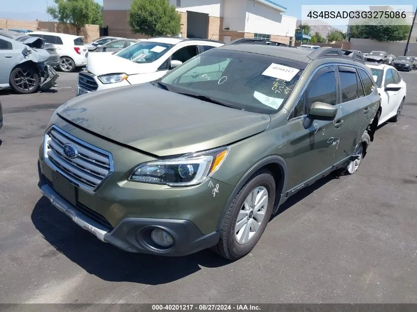 2016 Subaru Outback 2.5I Premium VIN: 4S4BSADC3G3275086 Lot: 40201217