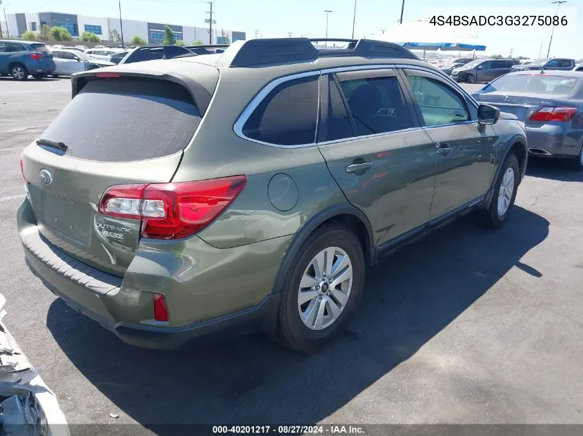 2016 Subaru Outback 2.5I Premium VIN: 4S4BSADC3G3275086 Lot: 40201217