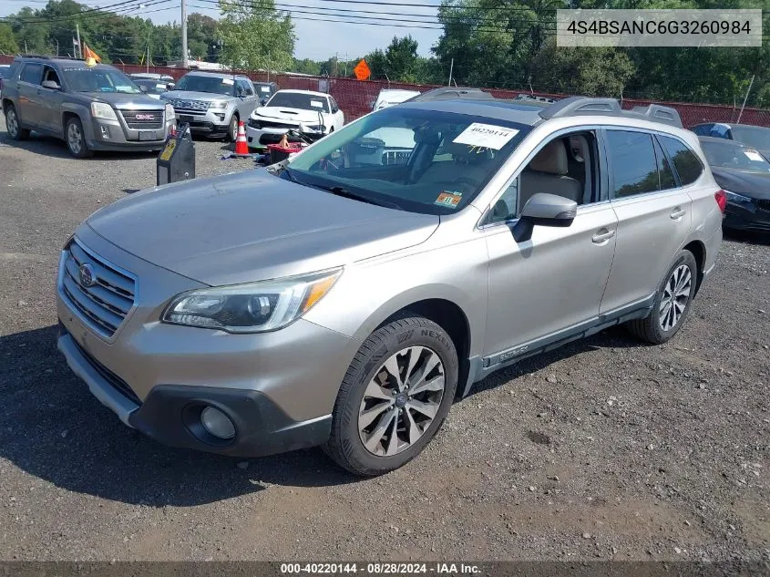 2016 Subaru Outback 2.5I Limited VIN: 4S4BSANC6G3260984 Lot: 40220144