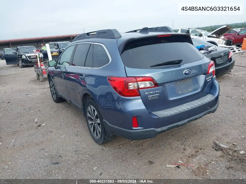 2016 Subaru Outback 2.5I Limited VIN: 4S4BSANC6G3321654 Lot: 40231053