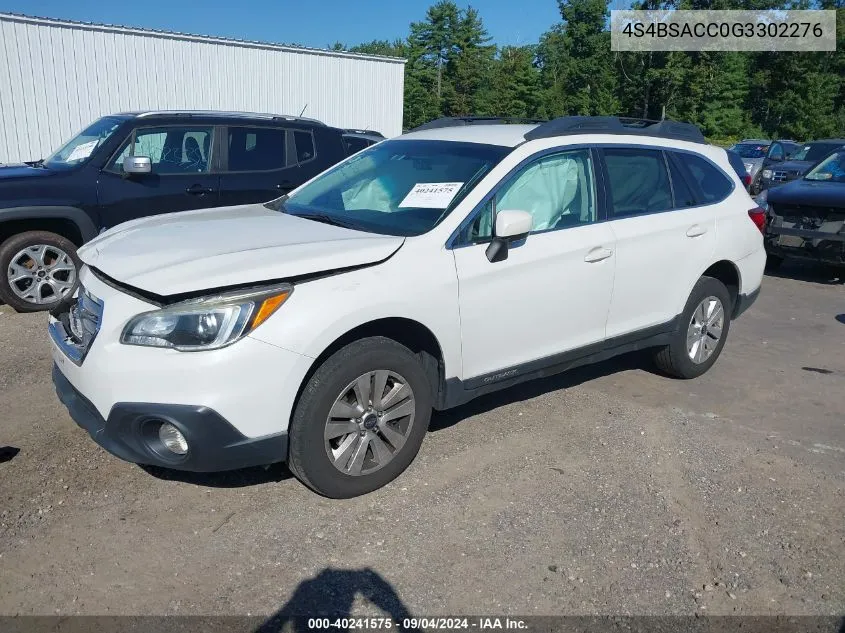 2016 Subaru Outback 2.5I Premium VIN: 4S4BSACC0G3302276 Lot: 40241575