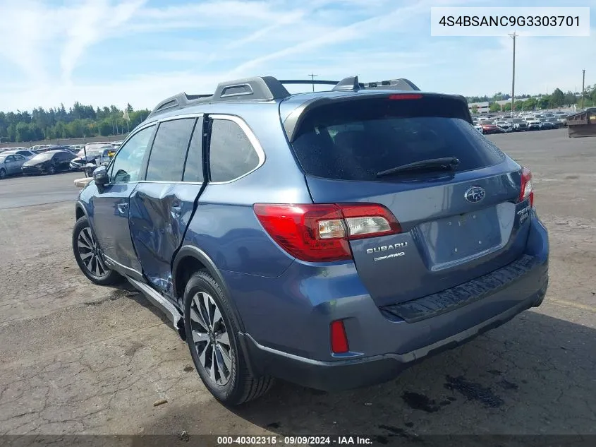 2016 Subaru Outback 2.5I Limited VIN: 4S4BSANC9G3303701 Lot: 40302315