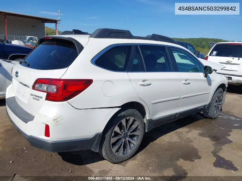 2016 Subaru Outback 2.5I Limited VIN: 4S4BSANC5G3299842 Lot: 40317405