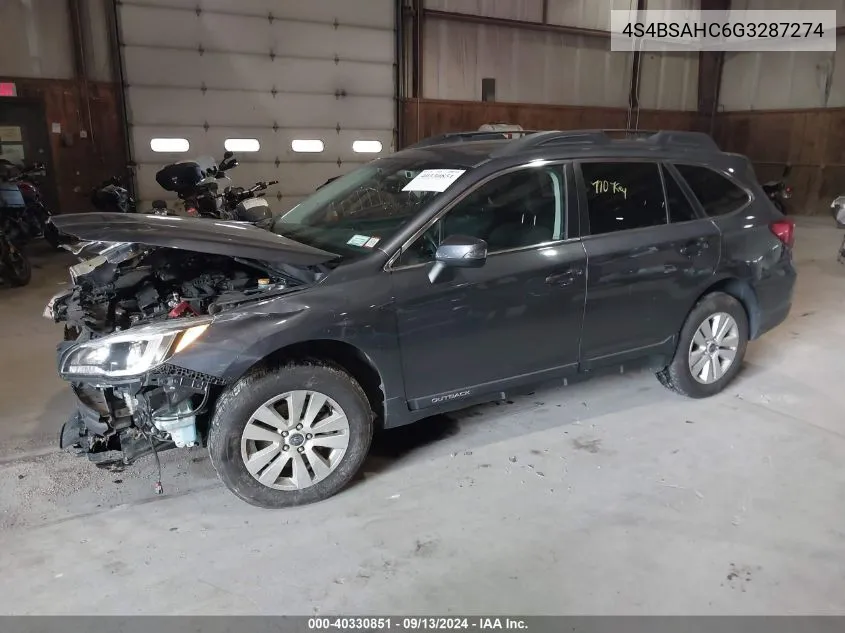 2016 Subaru Outback 2.5I Premium VIN: 4S4BSAHC6G3287274 Lot: 40330851