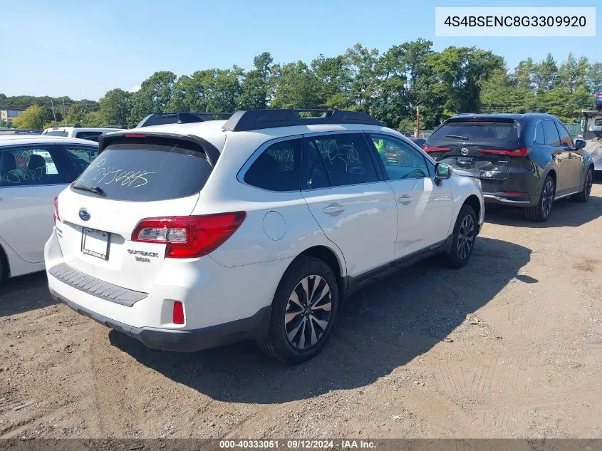 2016 Subaru Outback 3.6R Limited VIN: 4S4BSENC8G3309920 Lot: 40333051