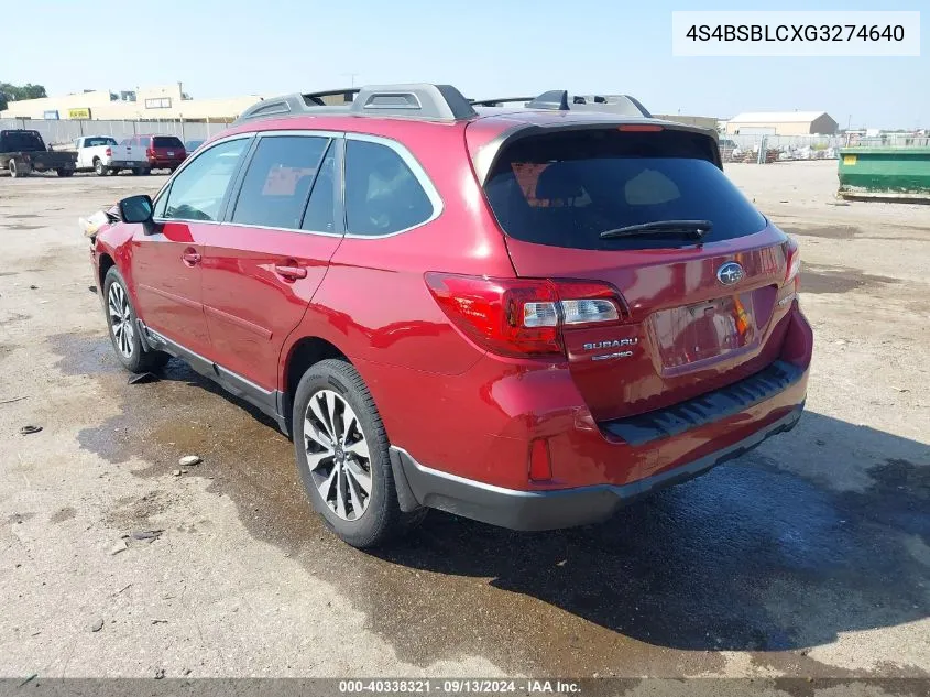 2016 Subaru Outback 2.5I Limited VIN: 4S4BSBLCXG3274640 Lot: 40338321