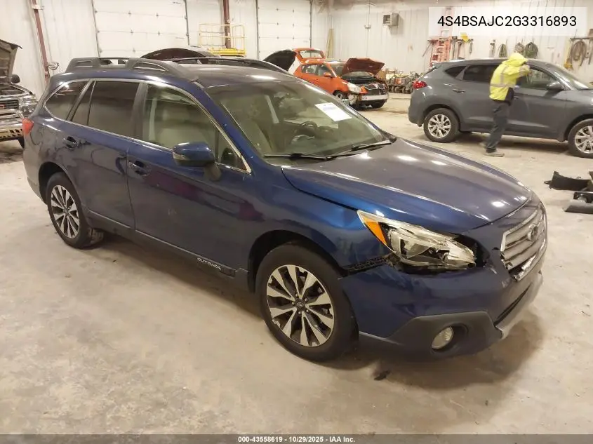 4S4BSAJC2G3316893 2016 Subaru Outback 2.5I Limited