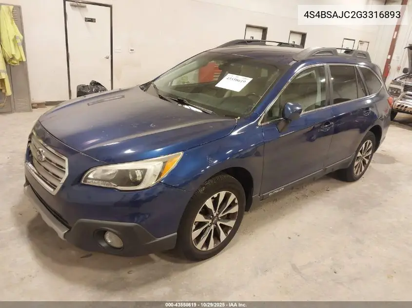 4S4BSAJC2G3316893 2016 Subaru Outback 2.5I Limited