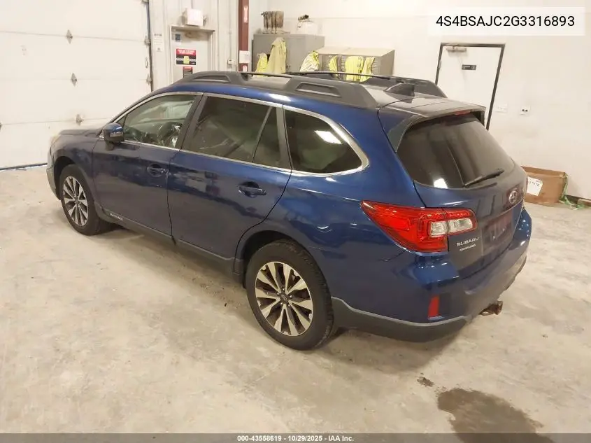 4S4BSAJC2G3316893 2016 Subaru Outback 2.5I Limited