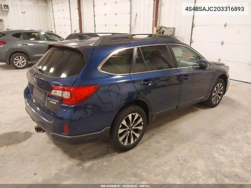 4S4BSAJC2G3316893 2016 Subaru Outback 2.5I Limited