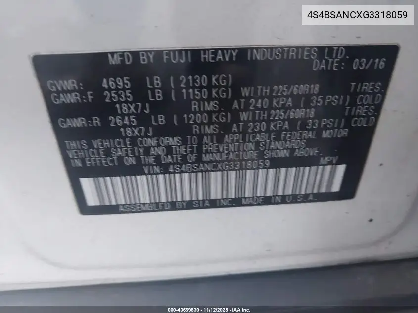4S4BSANCXG3318059 2016 Subaru Outback 2.5I Limited