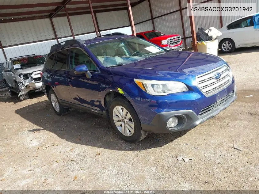 4S4BSACCXG3201942 2016 Subaru Outback 2.5I Premium