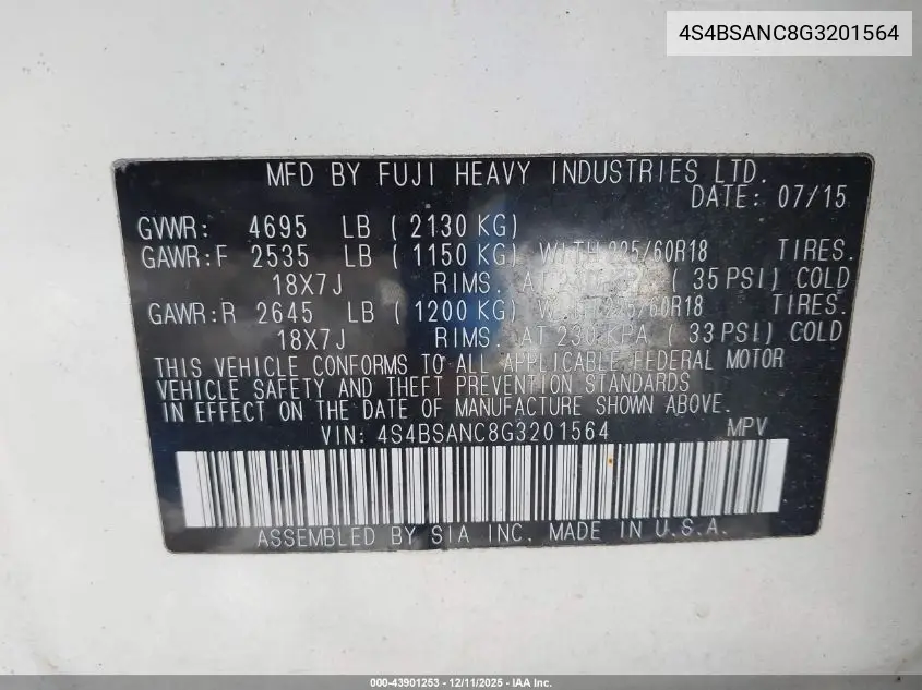 4S4BSANC8G3201564 2016 Subaru Outback 2.5I Limited
