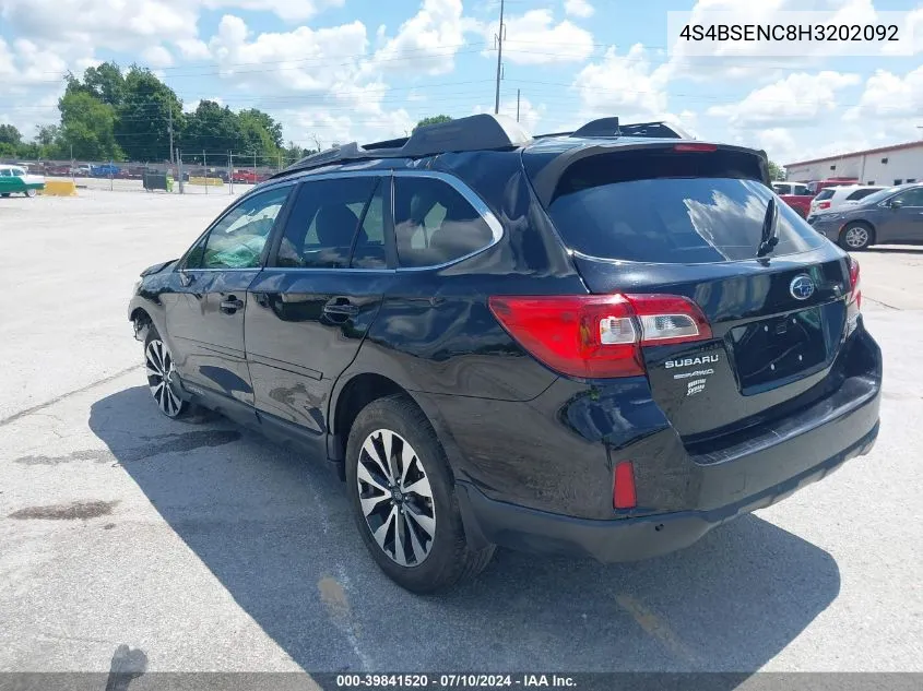 2017 Subaru Outback 3.6R Limited VIN: 4S4BSENC8H3202092 Lot: 39841520