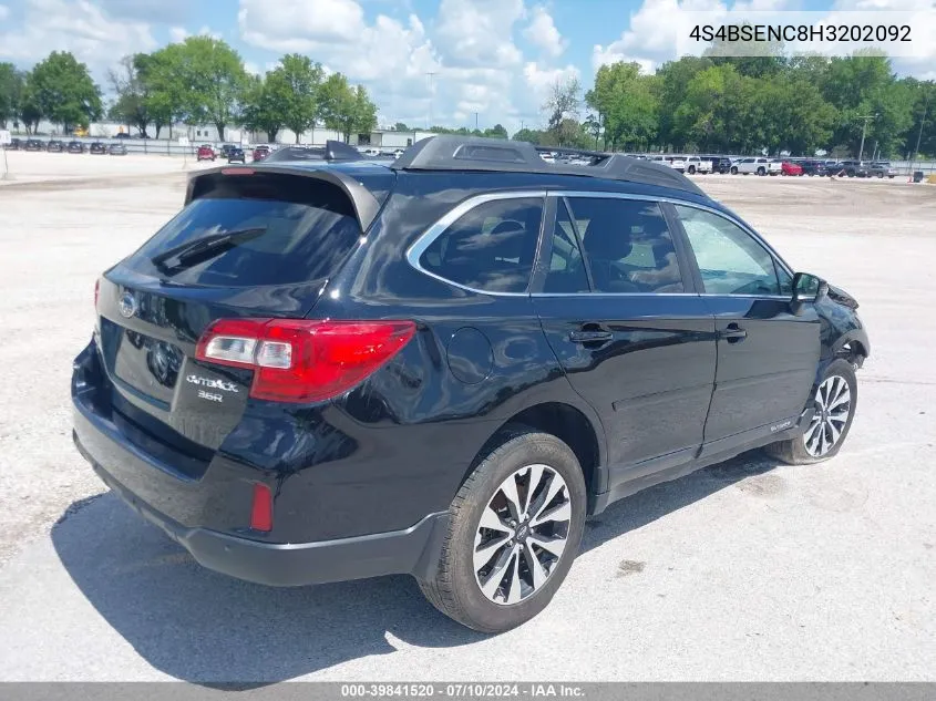 2017 Subaru Outback 3.6R Limited VIN: 4S4BSENC8H3202092 Lot: 39841520