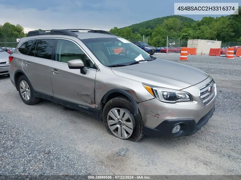 2017 Subaru Outback 2.5I Premium VIN: 4S4BSACC2H3316374 Lot: 39898556