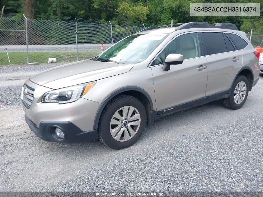 4S4BSACC2H3316374 2017 Subaru Outback 2.5I Premium