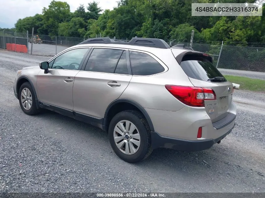 2017 Subaru Outback 2.5I Premium VIN: 4S4BSACC2H3316374 Lot: 39898556