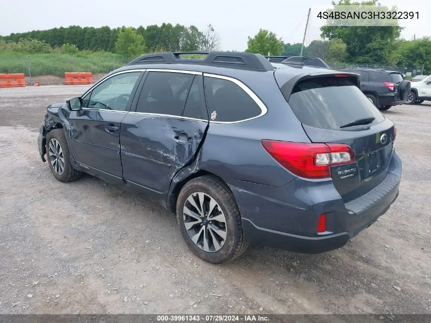 2017 Subaru Outback 2.5I Limited VIN: 4S4BSANC3H3322391 Lot: 39961343