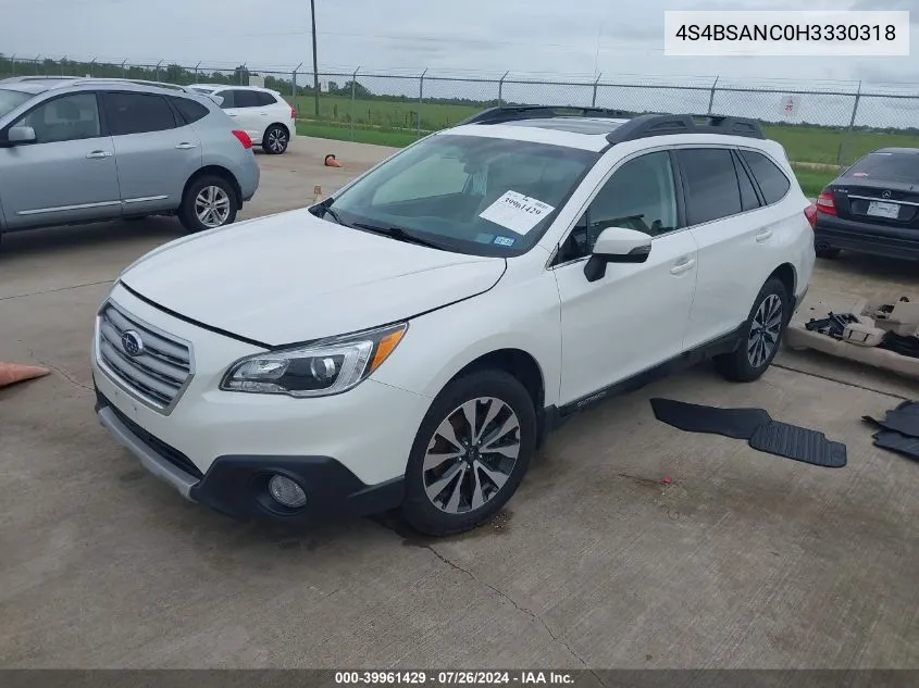 2017 Subaru Outback 2.5I Limited VIN: 4S4BSANC0H3330318 Lot: 39961429