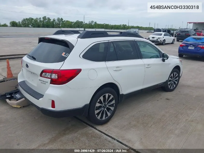 2017 Subaru Outback 2.5I Limited VIN: 4S4BSANC0H3330318 Lot: 39961429