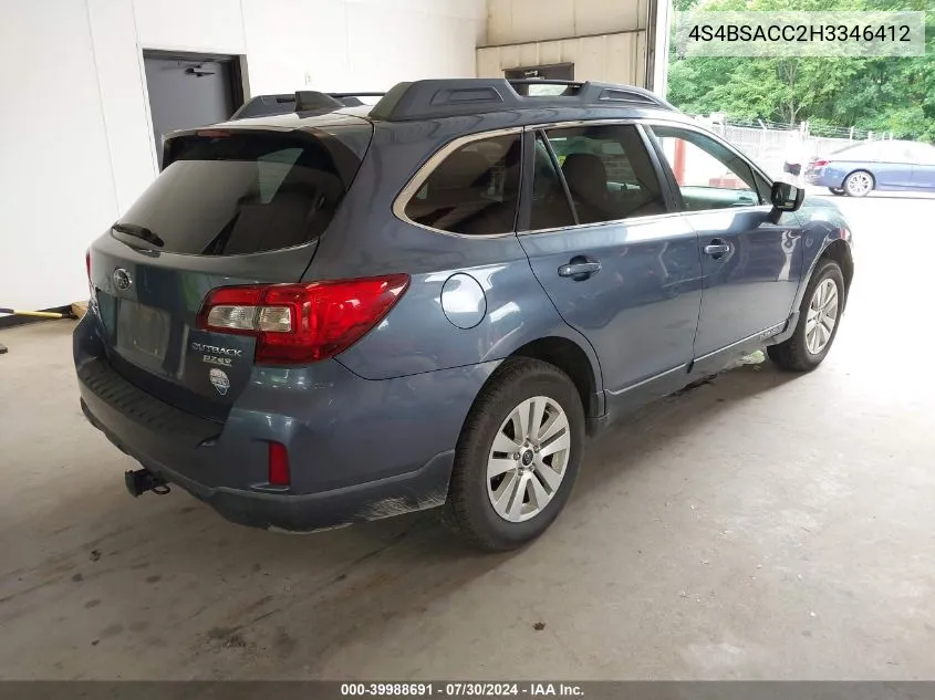 2017 Subaru Outback 2.5I Premium VIN: 4S4BSACC2H3346412 Lot: 39988691