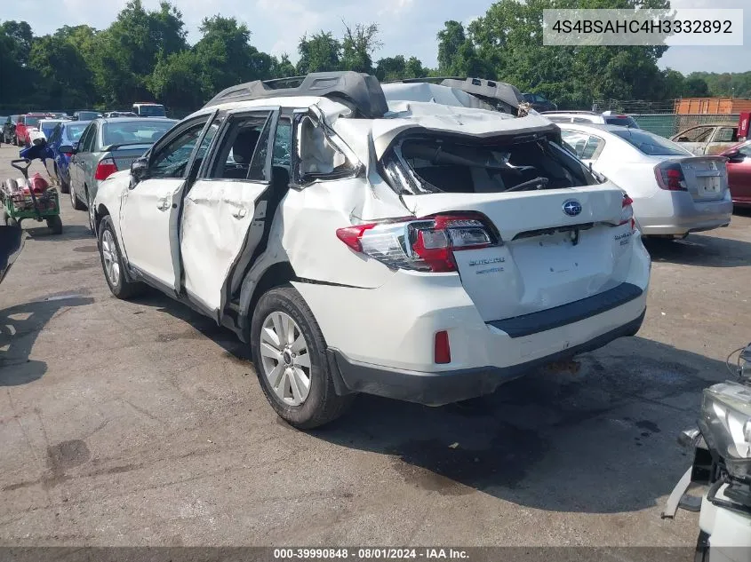 2017 Subaru Outback 2.5I Premium VIN: 4S4BSAHC4H3332892 Lot: 39990848