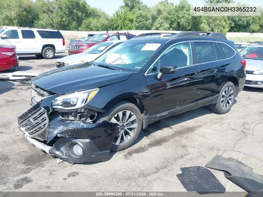 2017 Subaru Outback 2.5I Limited VIN: 4S4BSANC0H3365232 Lot: 39998390