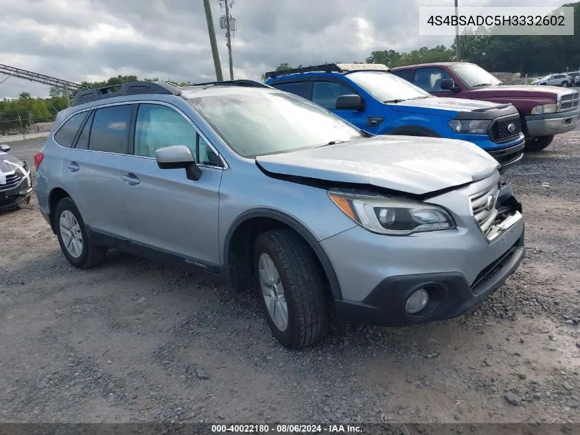 2017 Subaru Outback 2.5I Premium VIN: 4S4BSADC5H3332602 Lot: 40022180