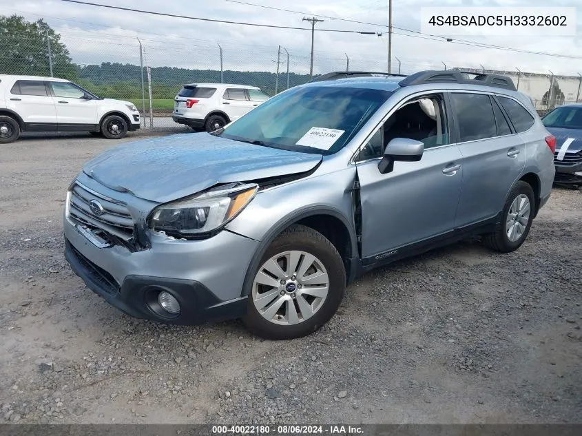 2017 Subaru Outback 2.5I Premium VIN: 4S4BSADC5H3332602 Lot: 40022180