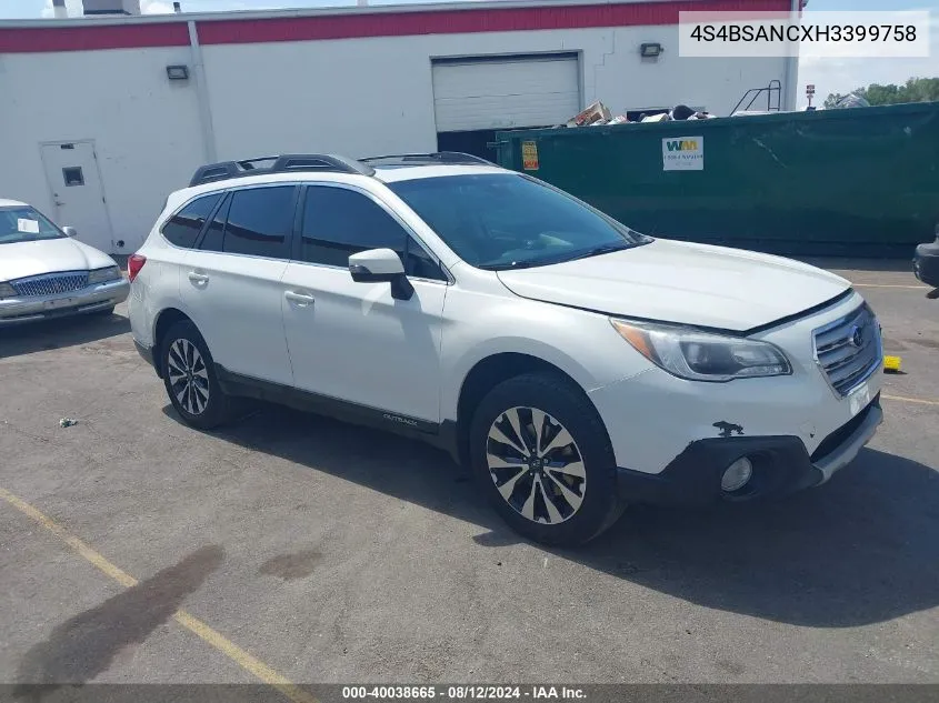 2017 Subaru Outback 2.5I Limited VIN: 4S4BSANCXH3399758 Lot: 40038665