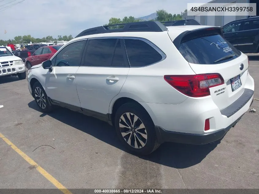 2017 Subaru Outback 2.5I Limited VIN: 4S4BSANCXH3399758 Lot: 40038665