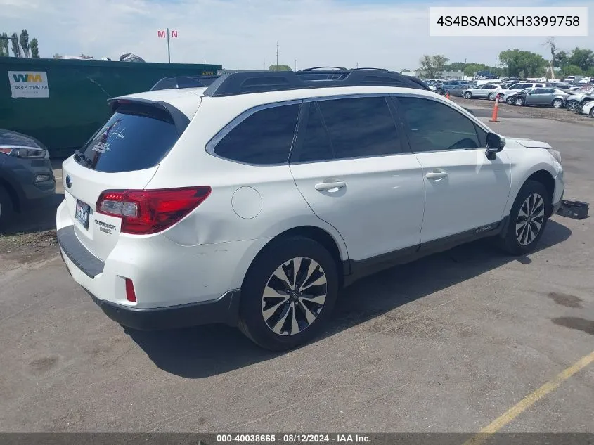 2017 Subaru Outback 2.5I Limited VIN: 4S4BSANCXH3399758 Lot: 40038665