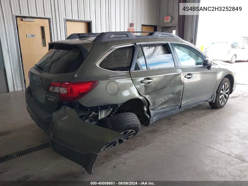 2017 Subaru Outback 2.5I Limited VIN: 4S4BSANC2H3252849 Lot: 40059681